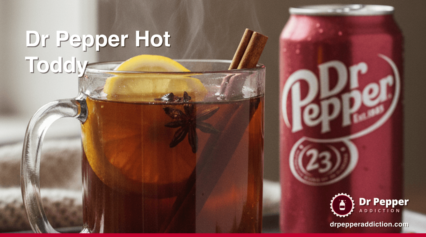 A warm Dr Pepper hot toddy in a glass mug with a lemon slice and cinnamon stick, a can of Dr Pepper beside it