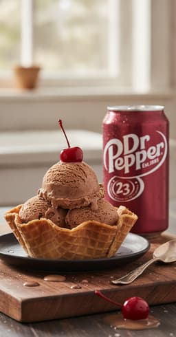 Two scoops of creamy Dr Pepper no-churn ice cream in a waffle bowl with a cherry, a can of Dr Pepper beside it