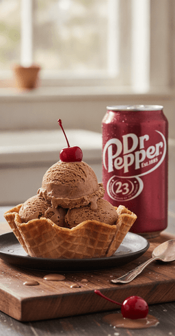 Two scoops of creamy Dr Pepper no-churn ice cream in a waffle bowl with a cherry, a can of Dr Pepper beside it