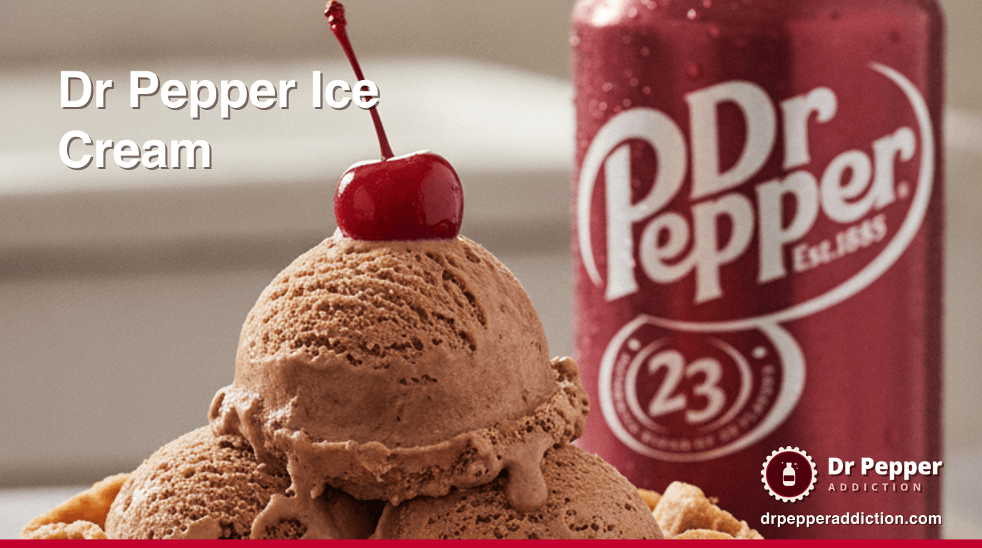 Two scoops of creamy Dr Pepper no-churn ice cream in a waffle bowl with a cherry, a can of Dr Pepper beside it