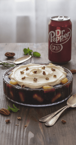 A dish of Dr Pepper cherry gelatin salad with pineapple and pecans, a can of Dr Pepper beside it