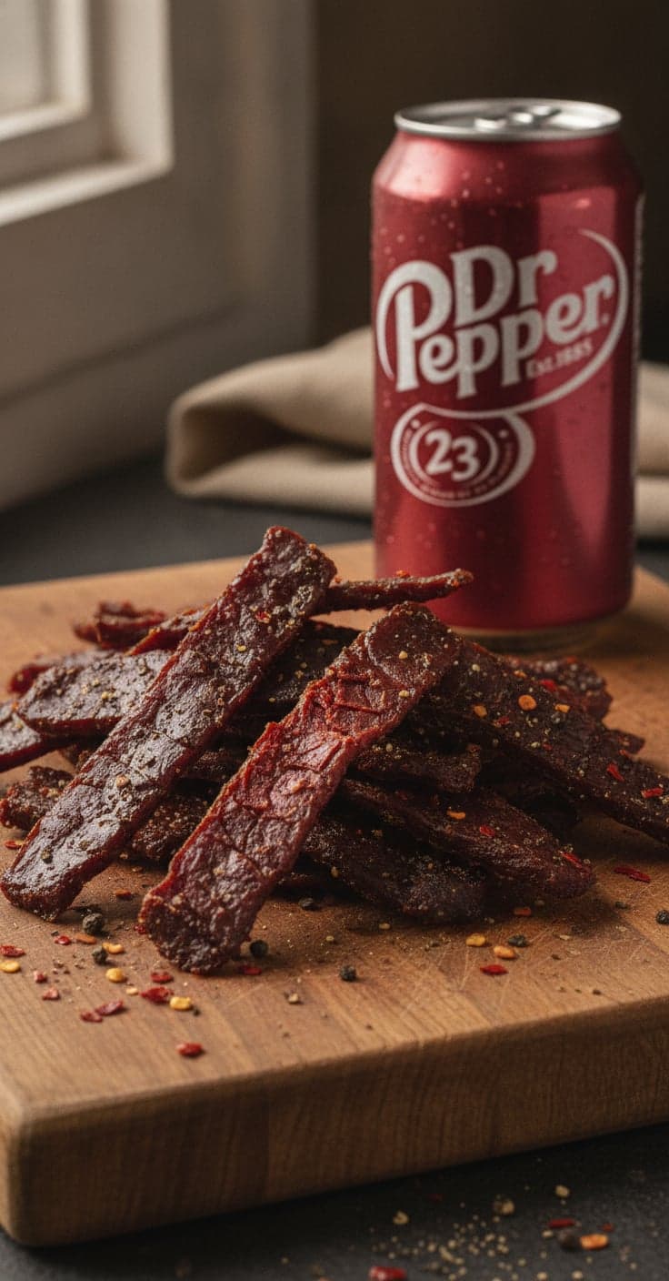 Strips of dark glossy homemade beef jerky piled on a wooden board, one strip bent to show it cracks without snapping