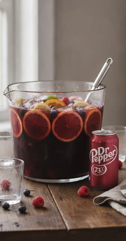 A punch bowl of Dr Pepper jungle juice with sliced citrus and berries and a ladle, a can of Dr Pepper beside it