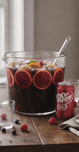 A punch bowl of Dr Pepper jungle juice with sliced citrus and berries and a ladle, a can of Dr Pepper beside it