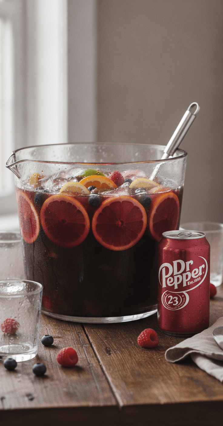 A punch bowl of Dr Pepper jungle juice with sliced citrus and berries and a ladle, a can of Dr Pepper beside it