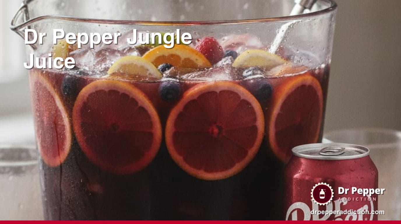 A punch bowl of Dr Pepper jungle juice with sliced citrus and berries and a ladle, a can of Dr Pepper beside it