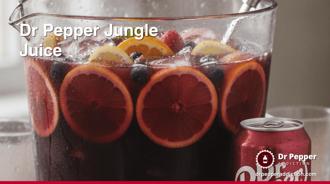 A punch bowl of Dr Pepper jungle juice with sliced citrus and berries and a ladle, a can of Dr Pepper beside it