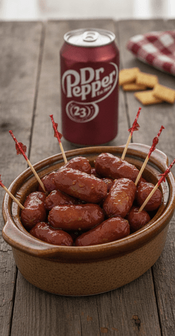 A slow cooker crock of Dr Pepper little smokies in sticky glaze with toothpicks, a can of Dr Pepper beside it