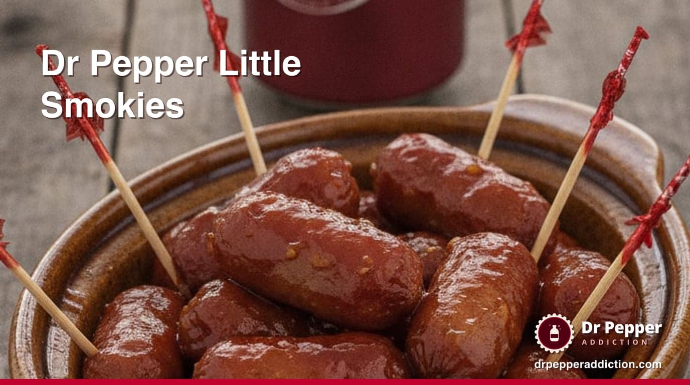 A slow cooker crock of Dr Pepper little smokies in sticky glaze with toothpicks, a can of Dr Pepper beside it