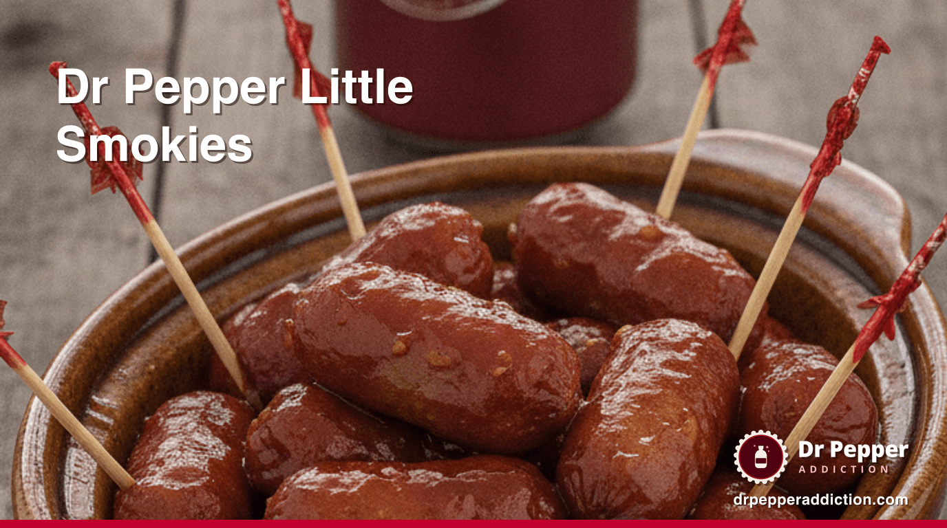 A slow cooker crock of Dr Pepper little smokies in sticky glaze with toothpicks, a can of Dr Pepper beside it