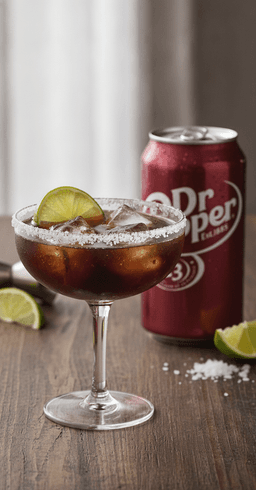 A salt-rimmed Dr Pepper margarita over ice with a lime wheel, a can of Dr Pepper beside it
