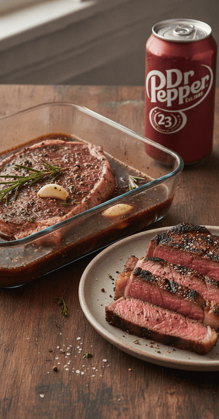A flank steak marinating in Dr Pepper marinade beside a grilled, sliced steak, a can of Dr Pepper beside it