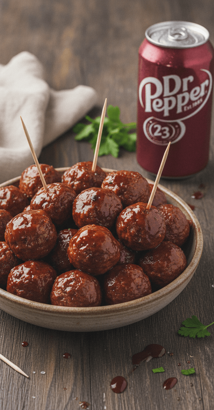 A bowl of glossy Dr Pepper cocktail meatballs with toothpicks, a can of Dr Pepper beside it
