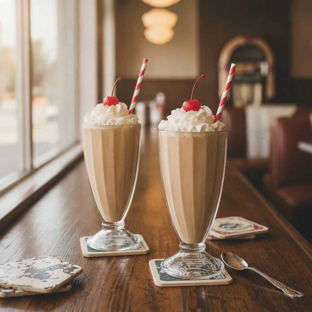 Two tall glasses of thick, light caramel-brown milkshake topped with whipped cream and a red cherry, with straws, on a diner-style counter
