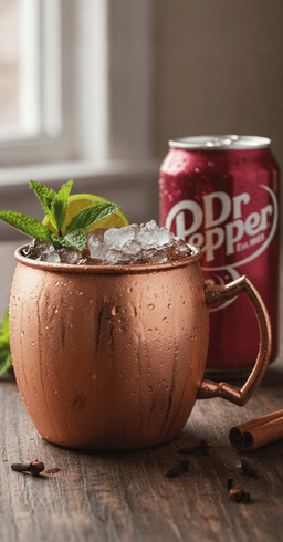 A copper mug of Dr Pepper Moscow mule with crushed ice, lime and mint, a can of Dr Pepper beside it