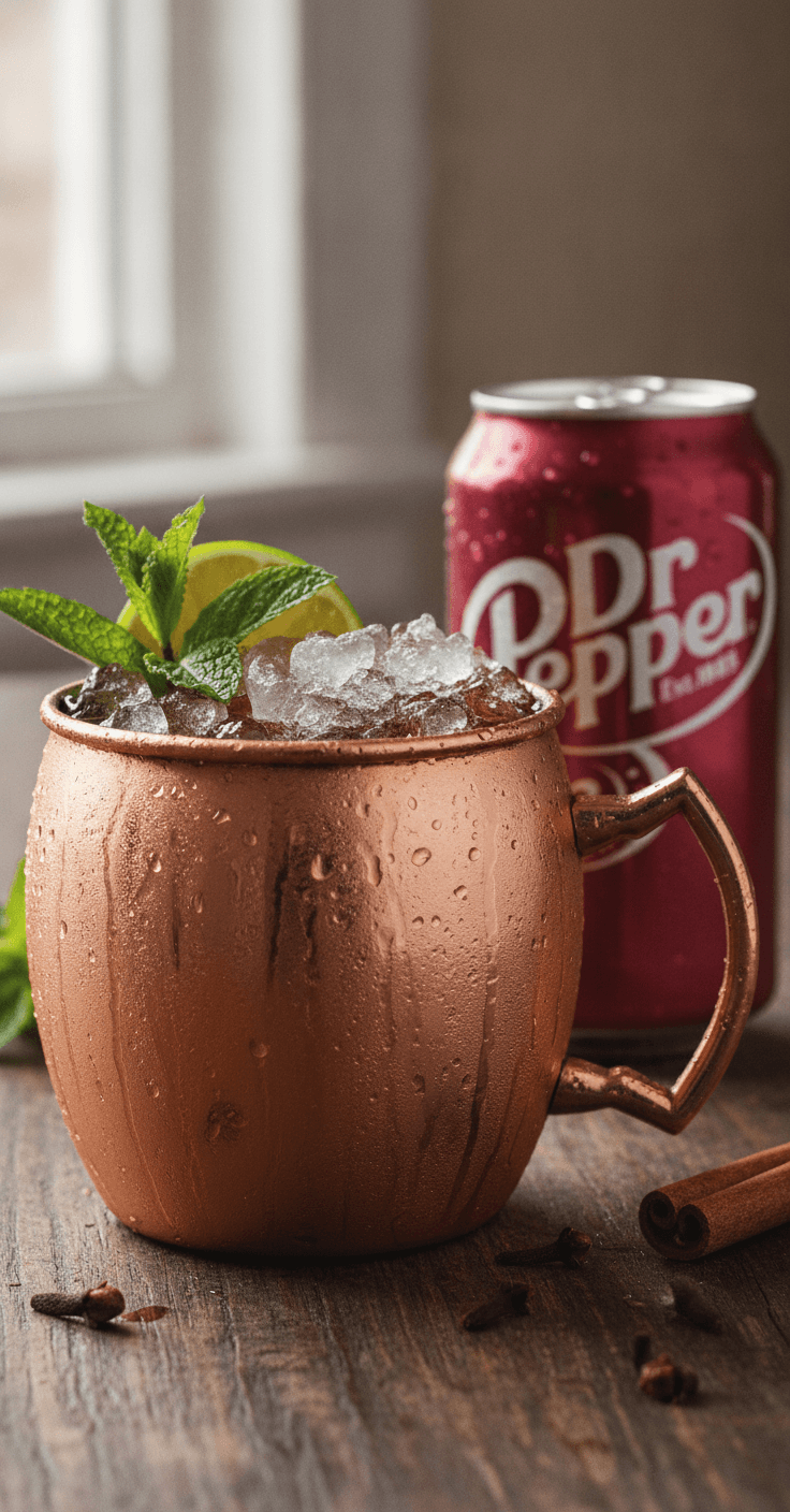 A copper mug of Dr Pepper Moscow mule with crushed ice, lime and mint, a can of Dr Pepper beside it