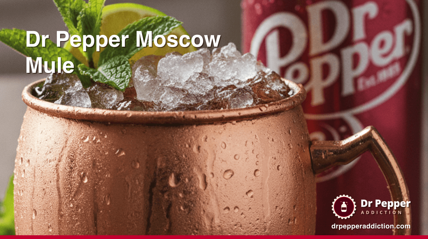 A copper mug of Dr Pepper Moscow mule with crushed ice, lime and mint, a can of Dr Pepper beside it