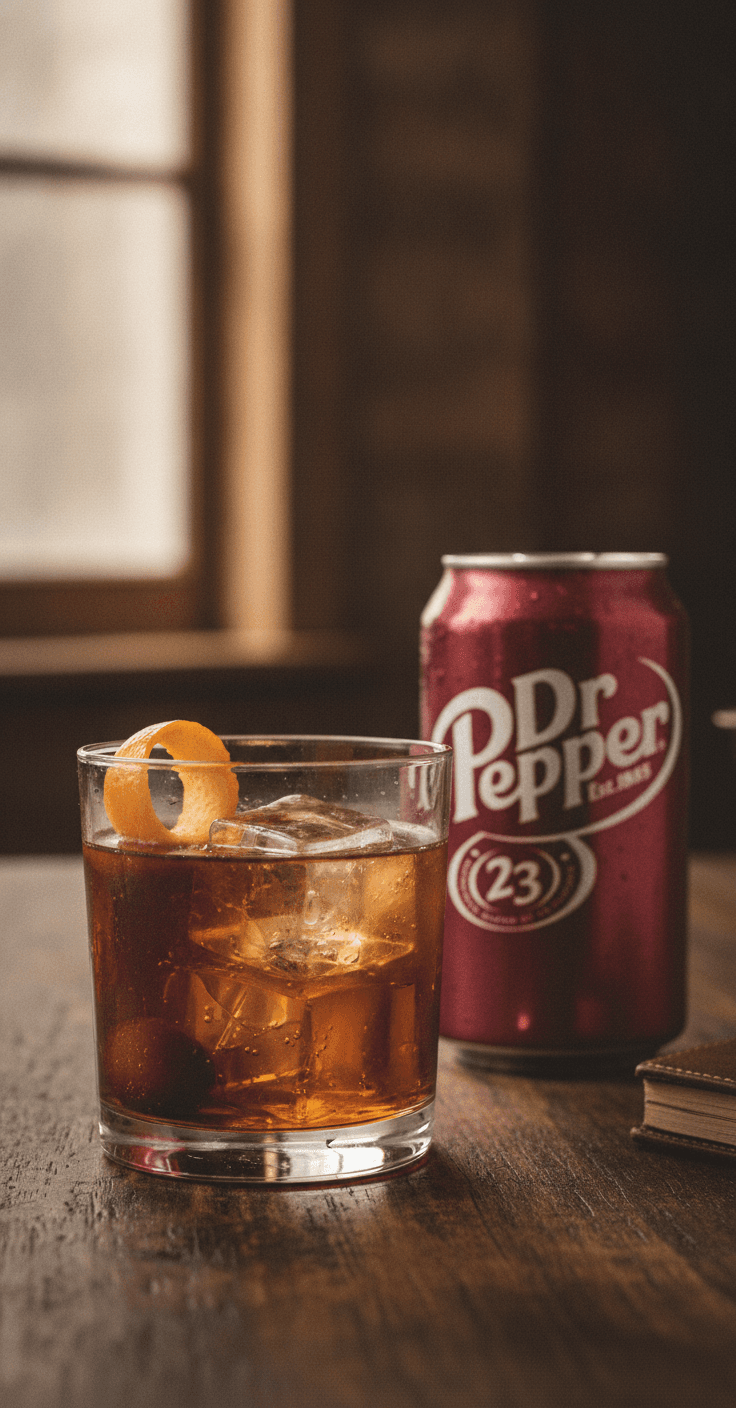 A Dr Pepper old fashioned over a large ice cube with an orange peel and cherry, a can of Dr Pepper beside it