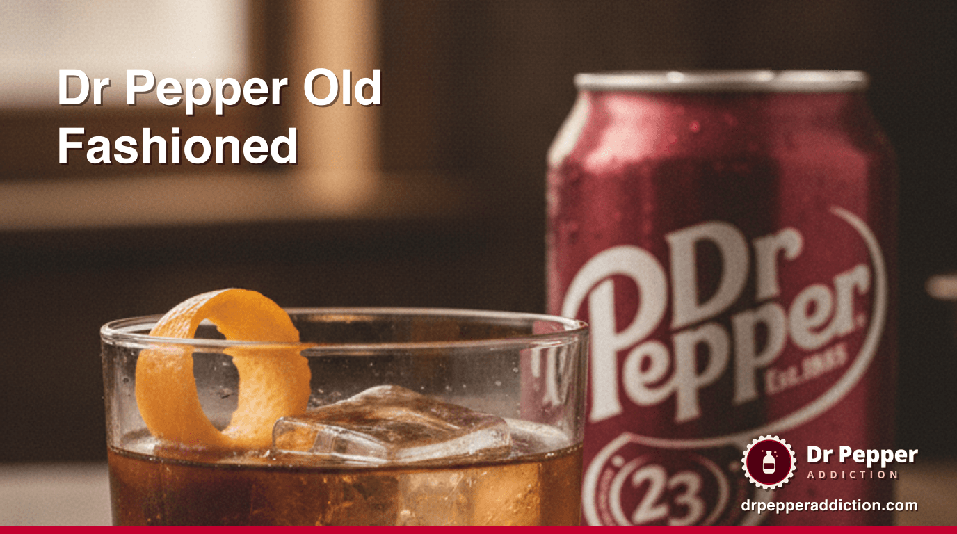 A Dr Pepper old fashioned over a large ice cube with an orange peel and cherry, a can of Dr Pepper beside it