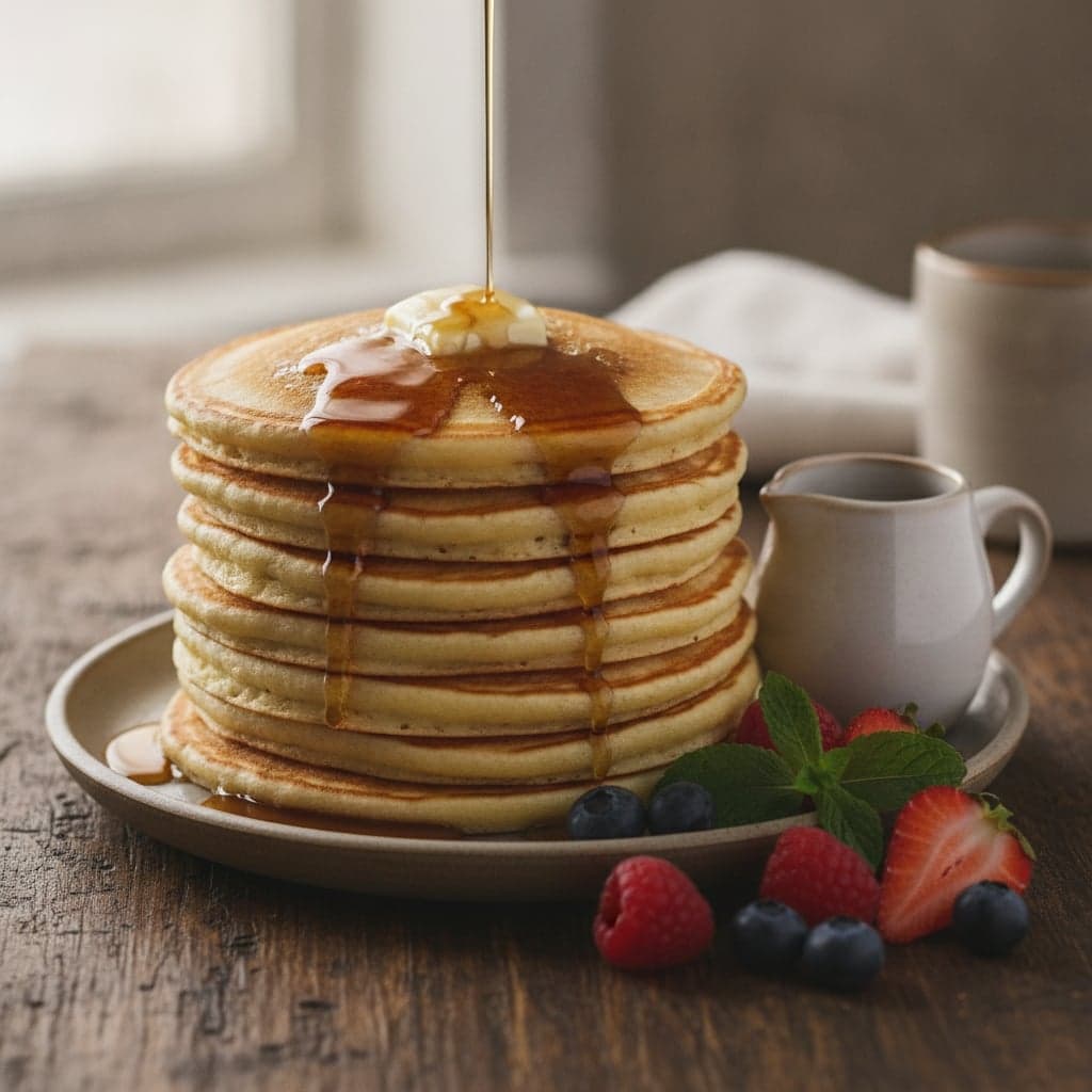 A tall stack of golden fluffy pancakes with a pat of butter melting on top and dark glossy syrup running down the sides, with a small syrup pitcher and fresh berries beside the plate