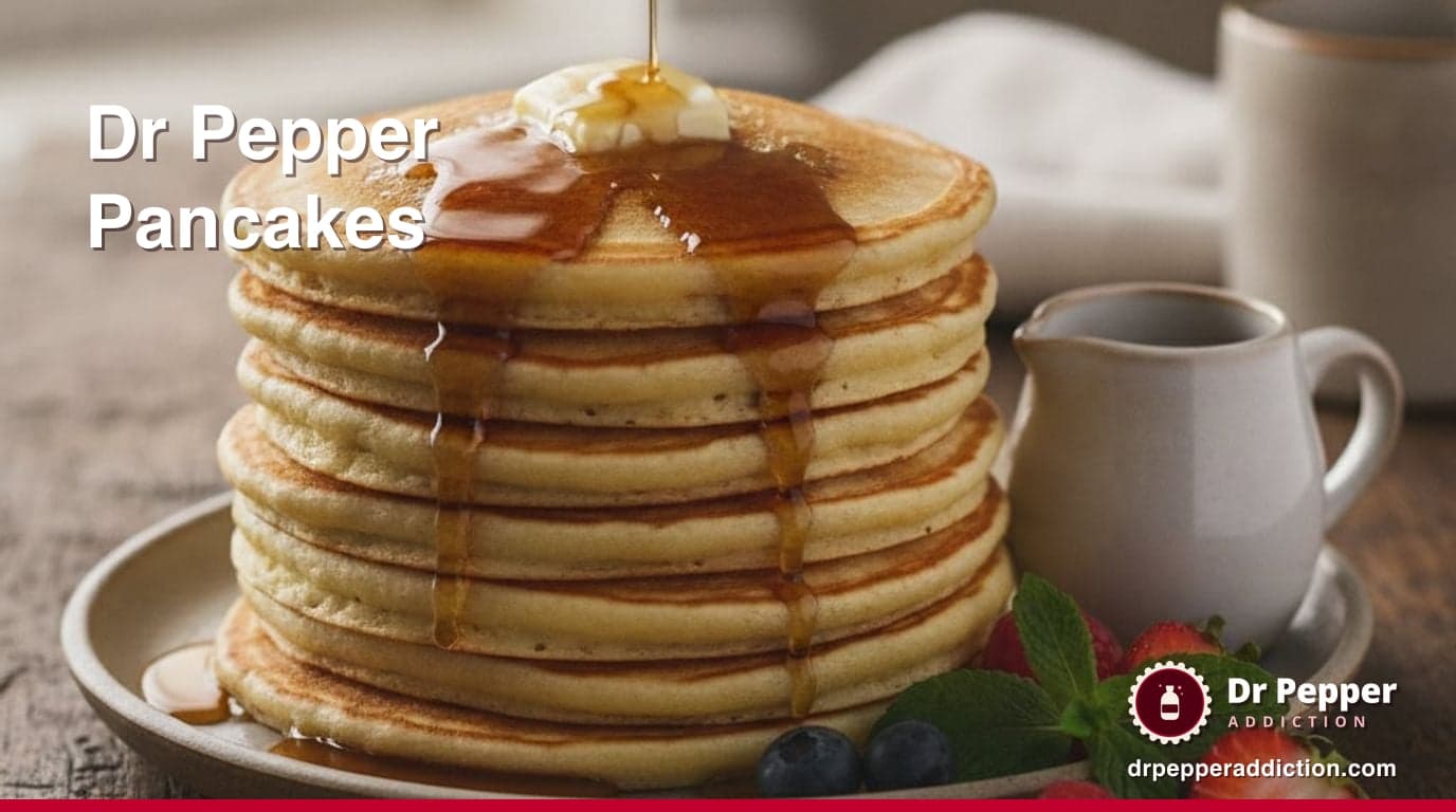 A tall stack of golden fluffy pancakes with a pat of butter melting on top and dark glossy syrup running down the sides, with a small syrup pitcher and fresh berries beside the plate