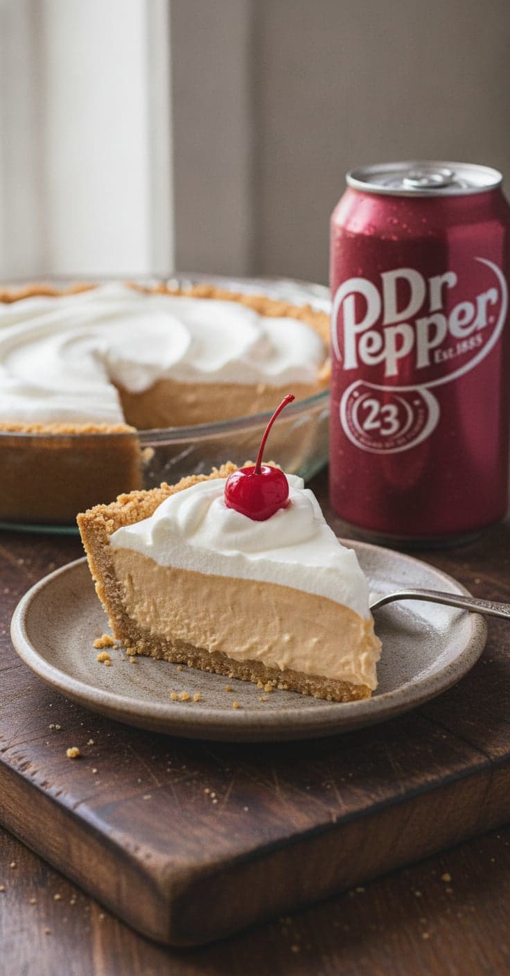A slice of pale caramel-colored creamy pie on a plate with a graham cracker crust, topped with whipped cream and a bright red cherry, the rest of the pie and a can of Dr Pepper behind it