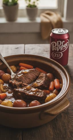 A tender chuck pot roast pulling apart in a stoneware crock with carrots, potatoes and onions in a dark glossy gravy