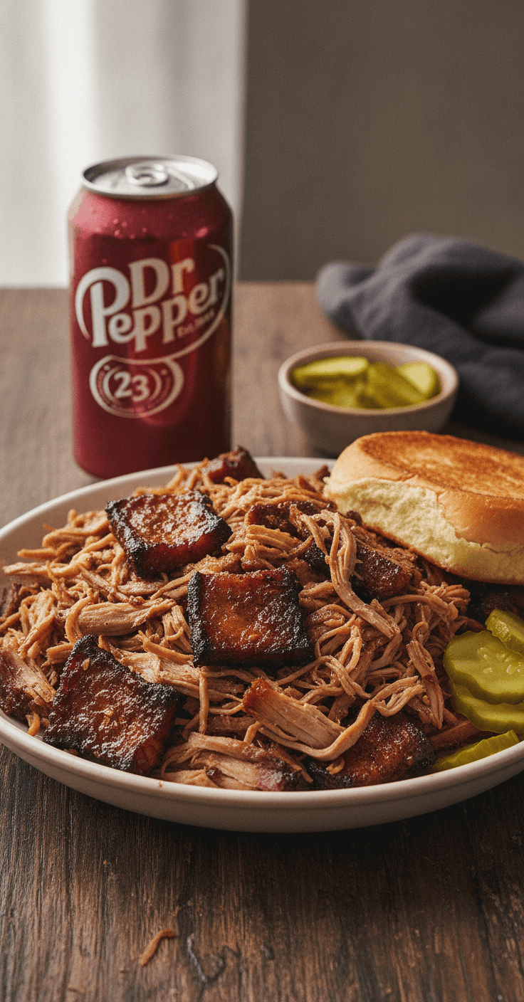 A bowl of glossy Dr Pepper pulled pork piled high with a brioche bun and pickles, a can of Dr Pepper beside it