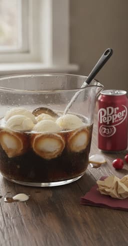 A punch bowl of Dr Pepper party punch with scoops of vanilla ice cream floating on top, a can of Dr Pepper beside it