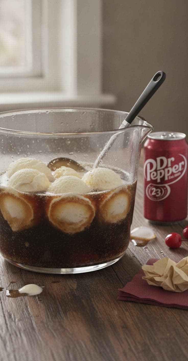 A punch bowl of Dr Pepper party punch with scoops of vanilla ice cream floating on top, a can of Dr Pepper beside it
