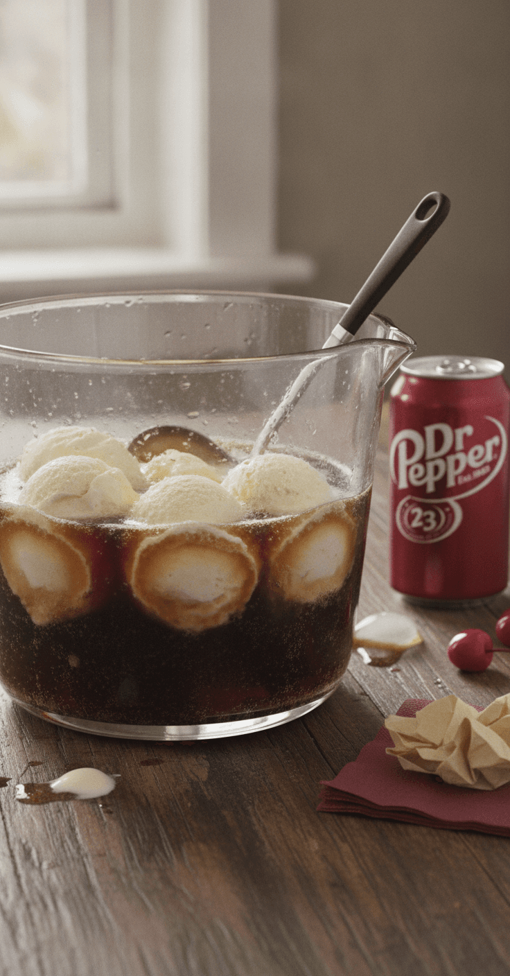 A punch bowl of Dr Pepper party punch with scoops of vanilla ice cream floating on top, a can of Dr Pepper beside it