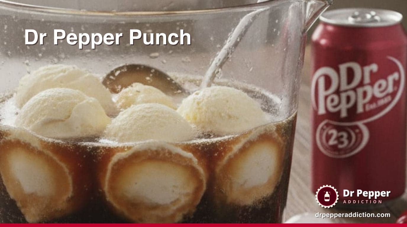 A punch bowl of Dr Pepper party punch with scoops of vanilla ice cream floating on top, a can of Dr Pepper beside it