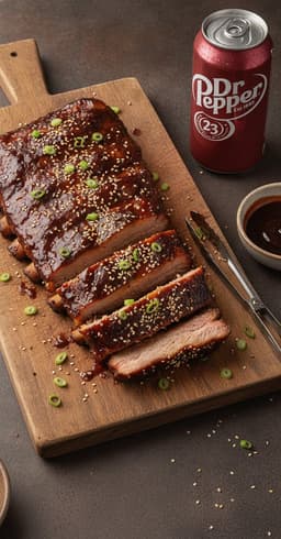 A rack of sticky Dr Pepper glazed ribs sliced on a wooden board with sesame and scallion, a can of Dr Pepper beside it