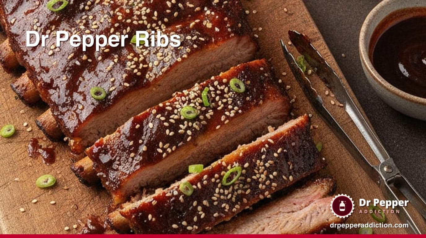 A rack of sticky Dr Pepper glazed ribs sliced on a wooden board with sesame and scallion, a can of Dr Pepper beside it