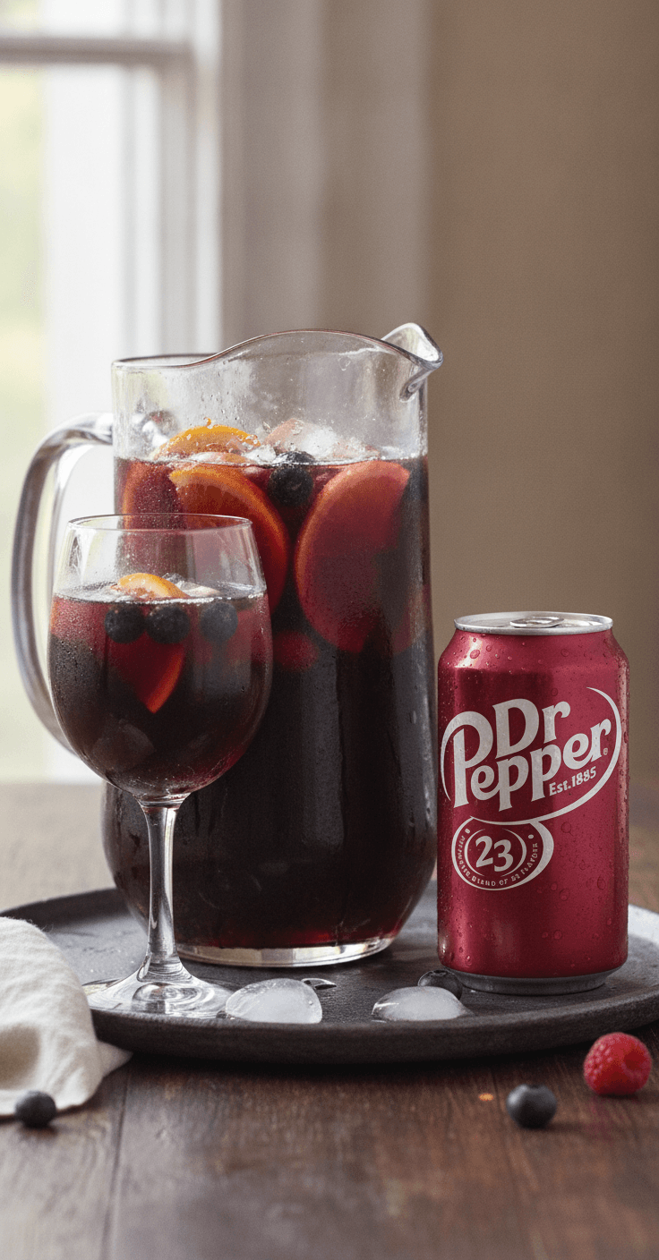 A pitcher of Dr Pepper red wine sangria with orange, apple and berries, a can of Dr Pepper beside it