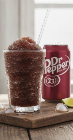 A frosty glass of Dr Pepper slush with a straw, a can of Dr Pepper beside it