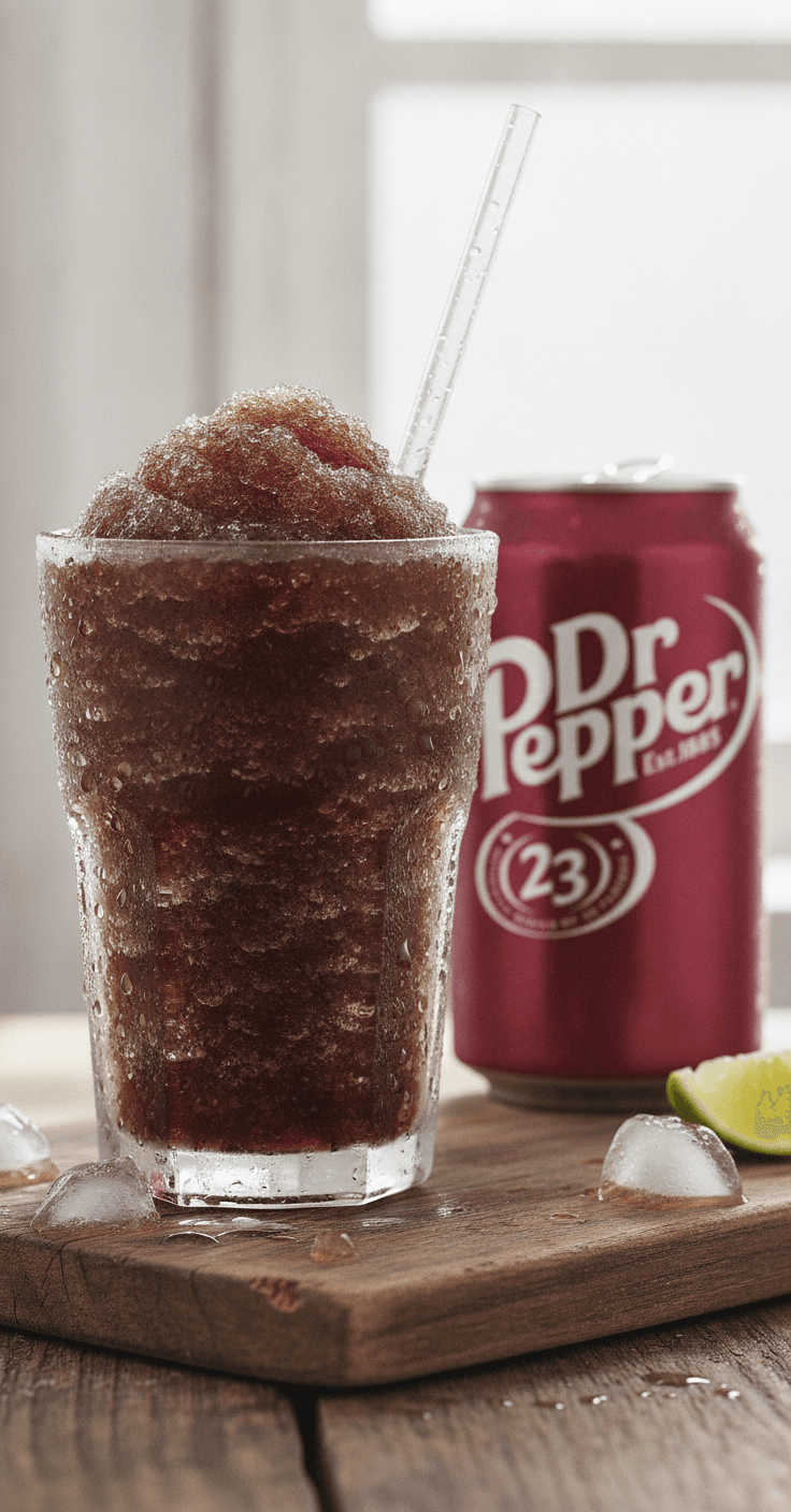 A frosty glass of Dr Pepper slush with a straw, a can of Dr Pepper beside it