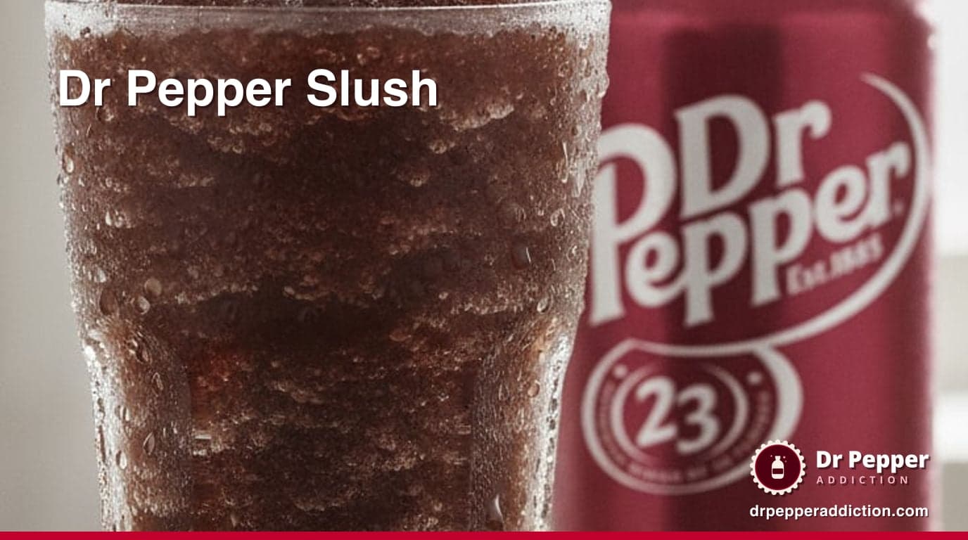 A frosty glass of Dr Pepper slush with a straw, a can of Dr Pepper beside it