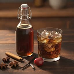 A small glass bottle of dark homemade soda syrup beside a glass of fizzy dark soda over ice, with cherries, an orange peel, cinnamon sticks and star anise on the table