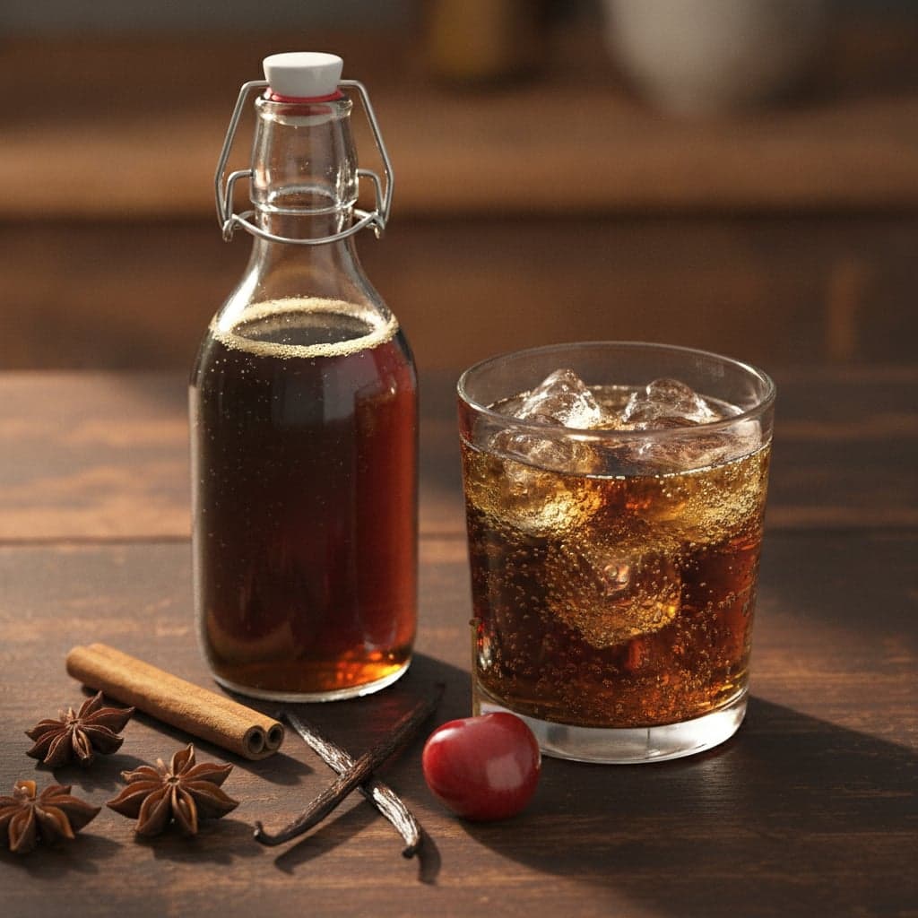 A small glass bottle of dark homemade soda syrup beside a glass of fizzy dark soda over ice, with cherries, an orange peel, cinnamon sticks and star anise on the table