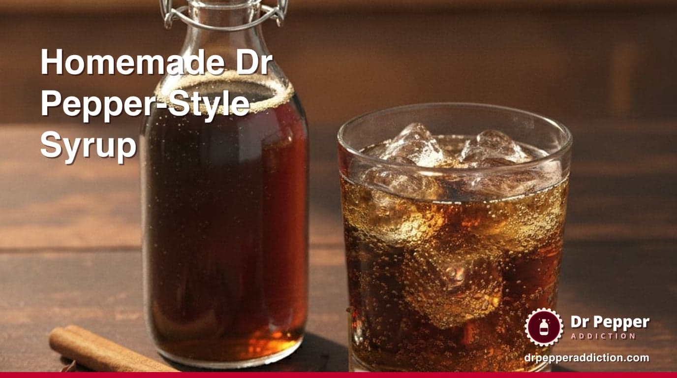 A small glass bottle of dark homemade soda syrup beside a glass of fizzy dark soda over ice, with cherries, an orange peel, cinnamon sticks and star anise on the table