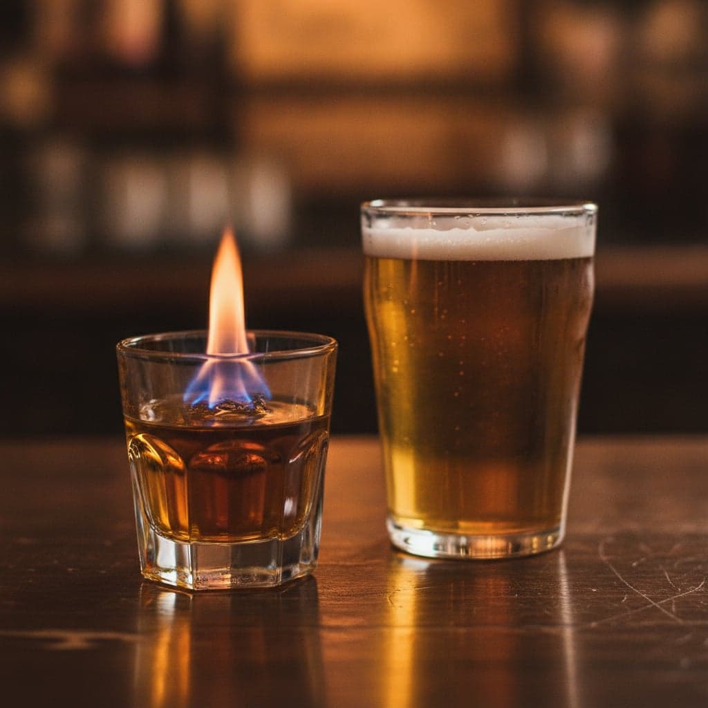 A shot glass with a small blue flame above it beside a half-filled glass of amber beer on a dark bar top