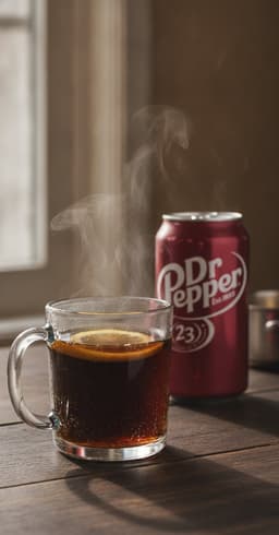 A clear glass mug of steaming dark Dr Pepper with a thin lemon slice floating on top, on a wooden table in winter light