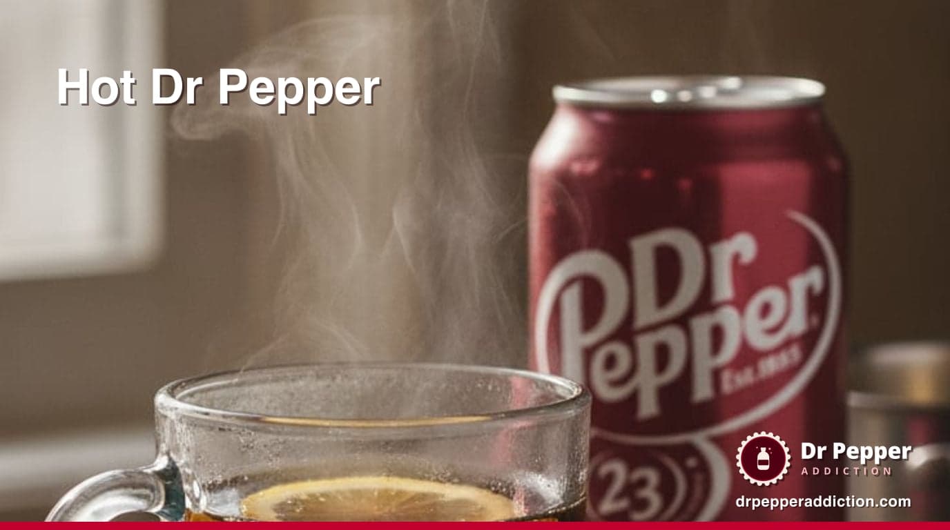 A clear glass mug of steaming dark Dr Pepper with a thin lemon slice floating on top, on a wooden table in winter light