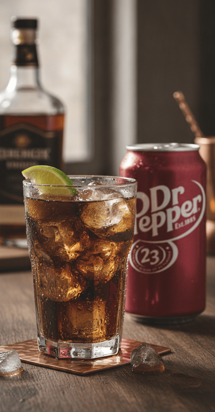A highball of Jack and Dr Pepper over ice with a lime wedge, a can of Dr Pepper beside it