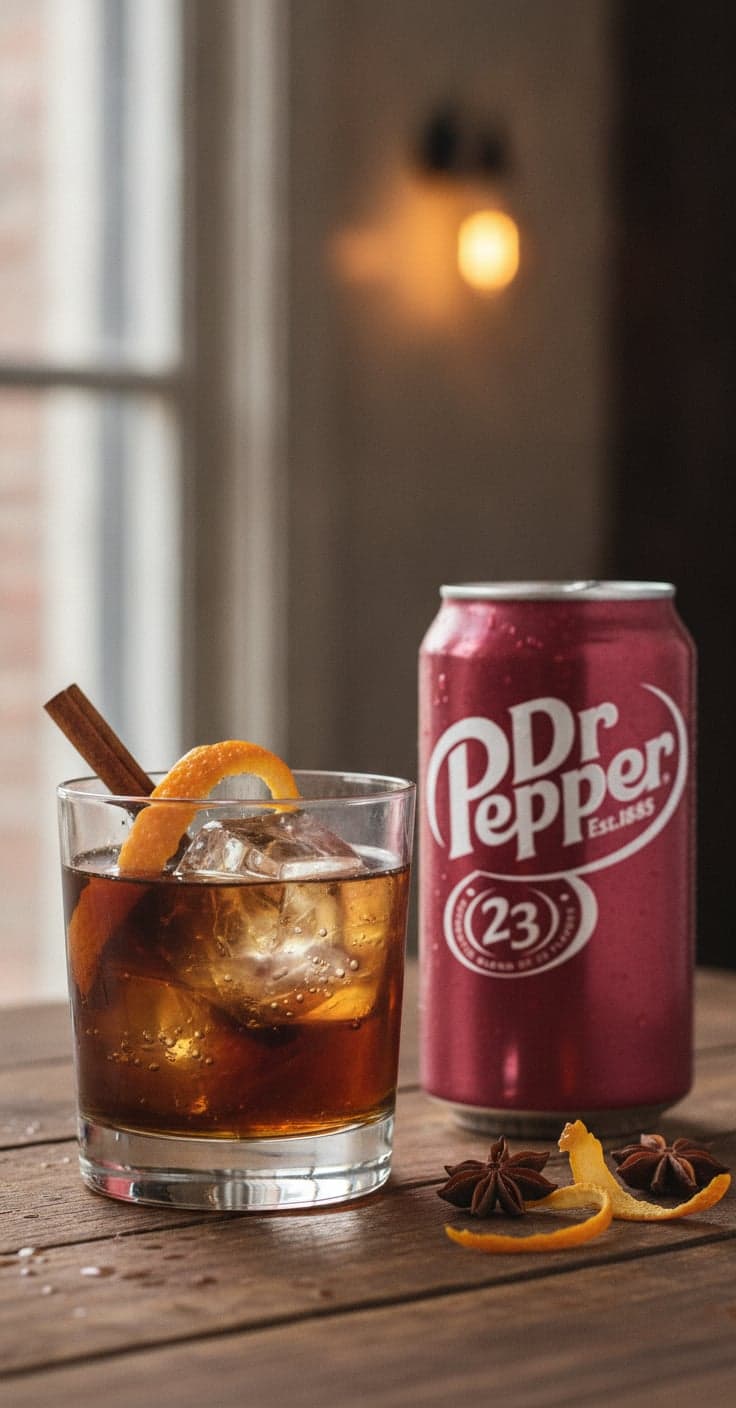 A rocks glass of spiced rum and Dr Pepper over a large ice cube with a cinnamon stick, a can of Dr Pepper beside it