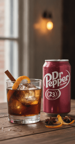A rocks glass of spiced rum and Dr Pepper over a large ice cube with a cinnamon stick, a can of Dr Pepper beside it