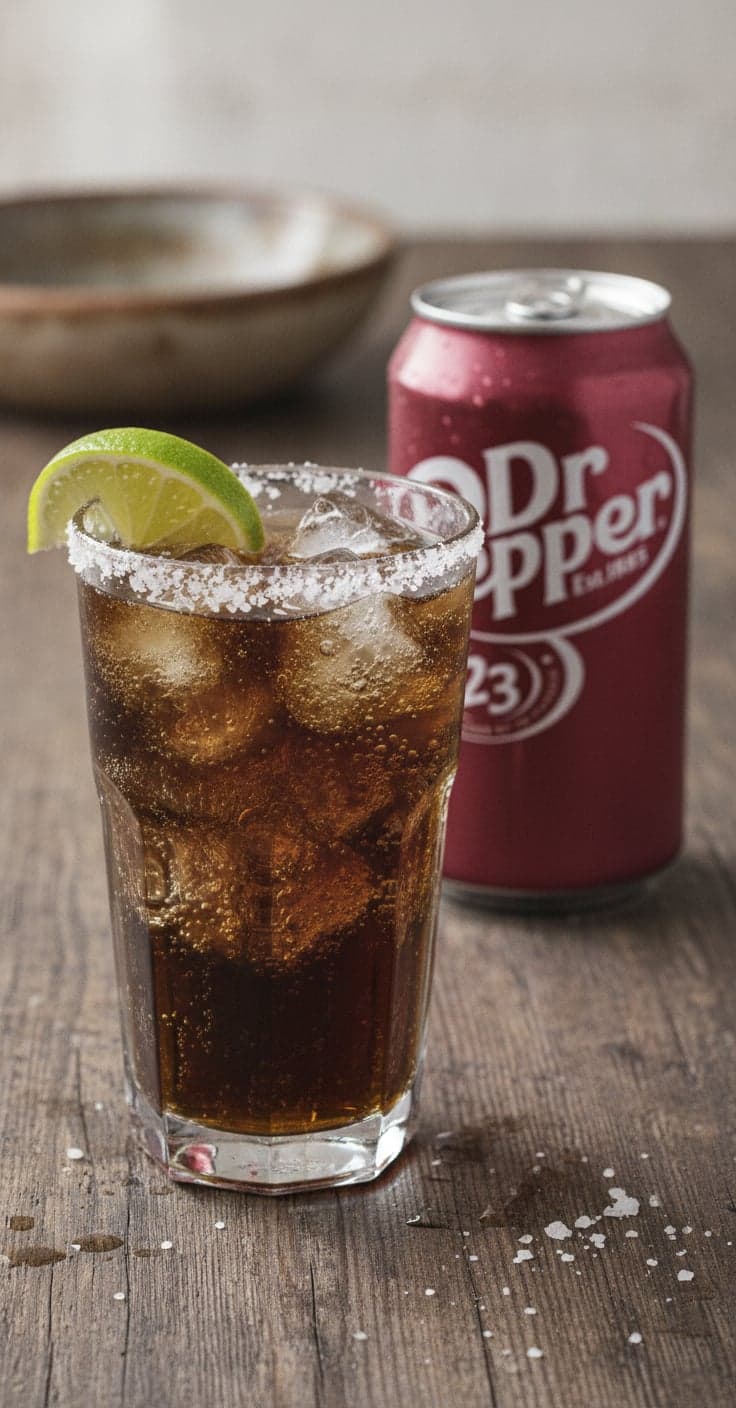 A tall highball glass of dark cola-colored soda over ice with a lime wedge on the rim and coarse salt on half the rim, on a weathered wooden table beside a can of Dr Pepper