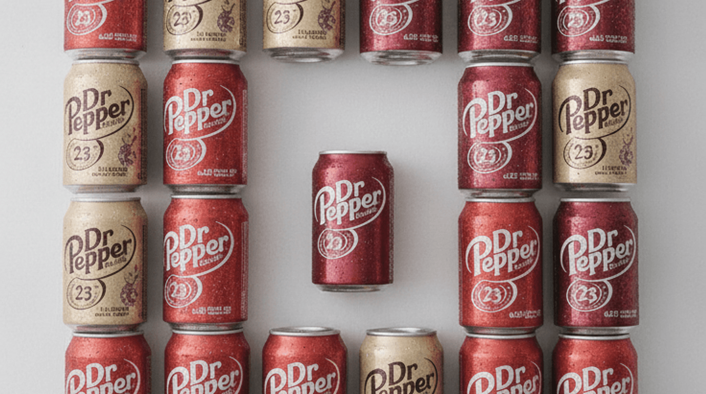 a colorful overhead lineup of many Dr Pepper flavor cans