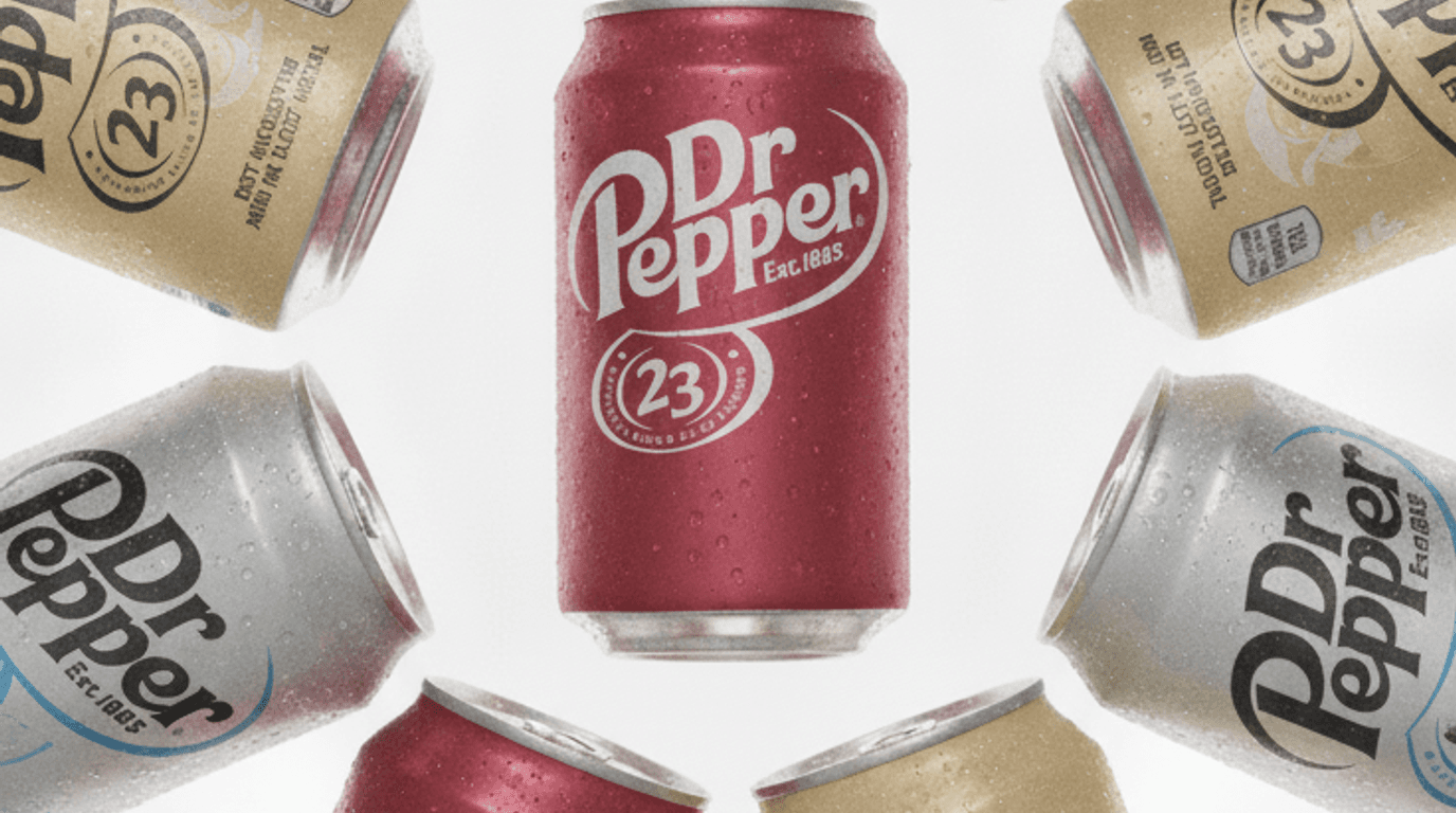 a colorful tasting flight of Dr Pepper flavor cans fanned out
